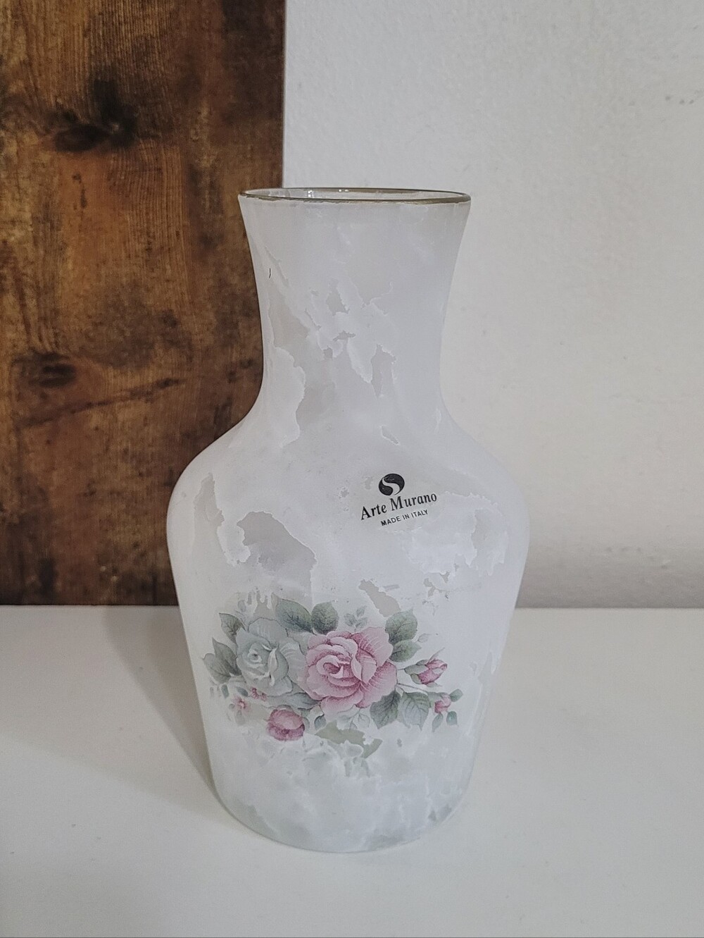 Vintage Arte Murano Creazioni Silvestri White Glass Vase with Pink Rose Design